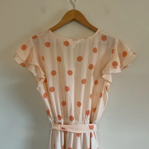 Lauren Conrad Faux Wrap Midi Dress Sz L Peach Orange Polka Dot Flutter Sleeve - Picture 5 of 11